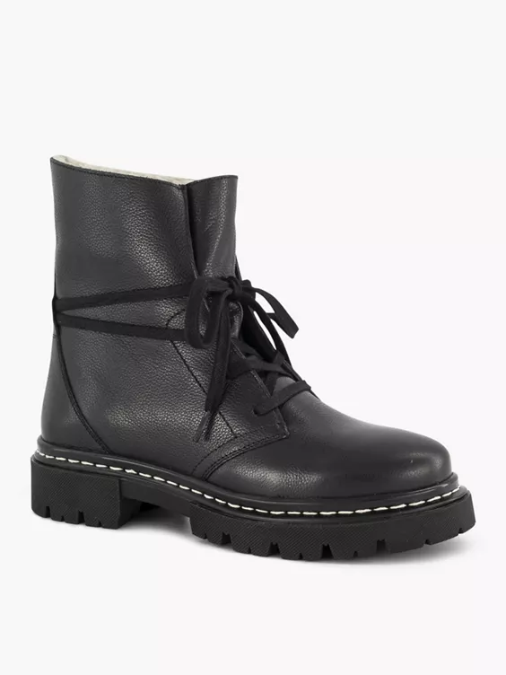 5th Avenue  Black Lace Up Leather Boot with Contrasting Stitching