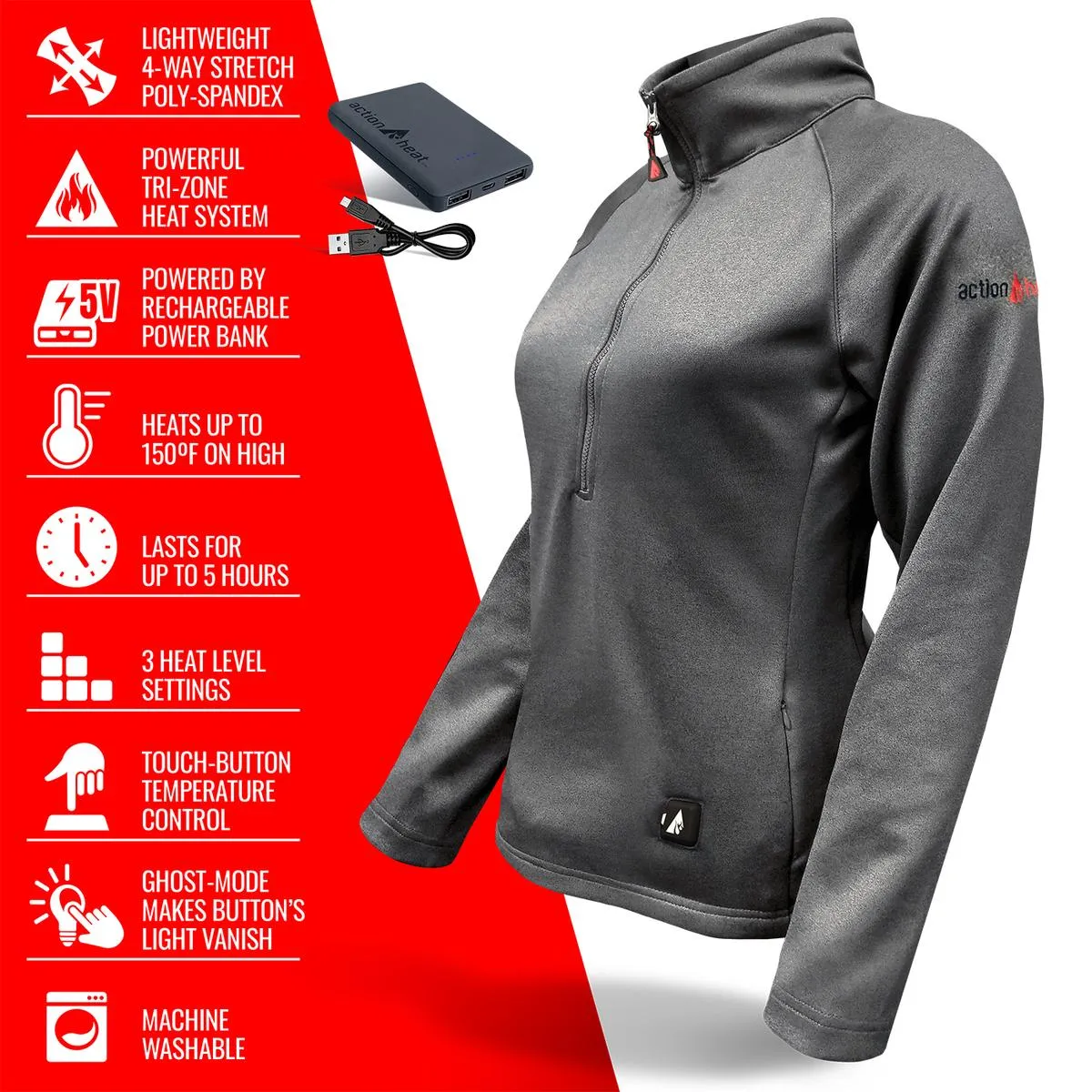 ActionHeat 5V Women's 1/2 Zip Pullover Battery Heated Shirt