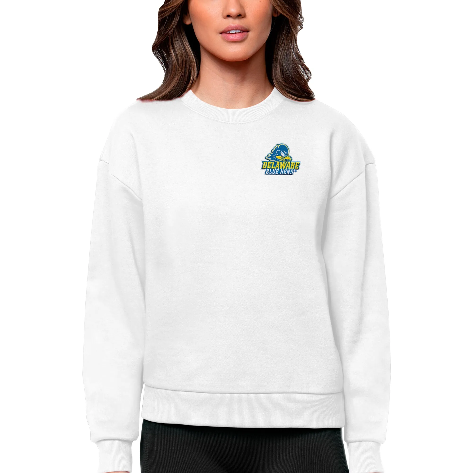 Antigua Delaware Fightin' Blue Hens Women's White Logo Victory Crewneck Pullover Sweatshirt