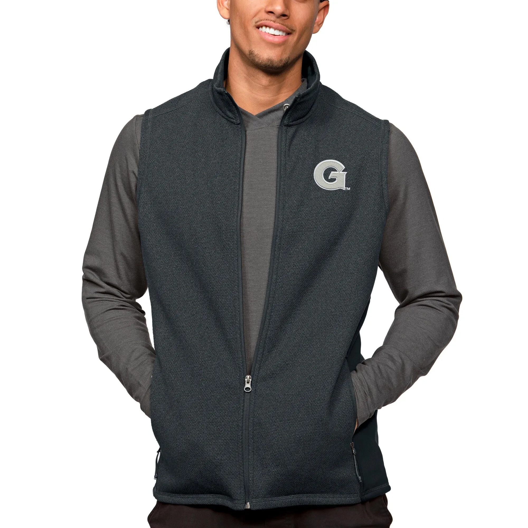 Antigua Georgetown Hoyas Heather Charcoal Course Full-Zip Vest