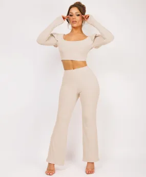 Beige Frill Shoulder Long Sleeve Slinky Top And Trousers Loungewear Set