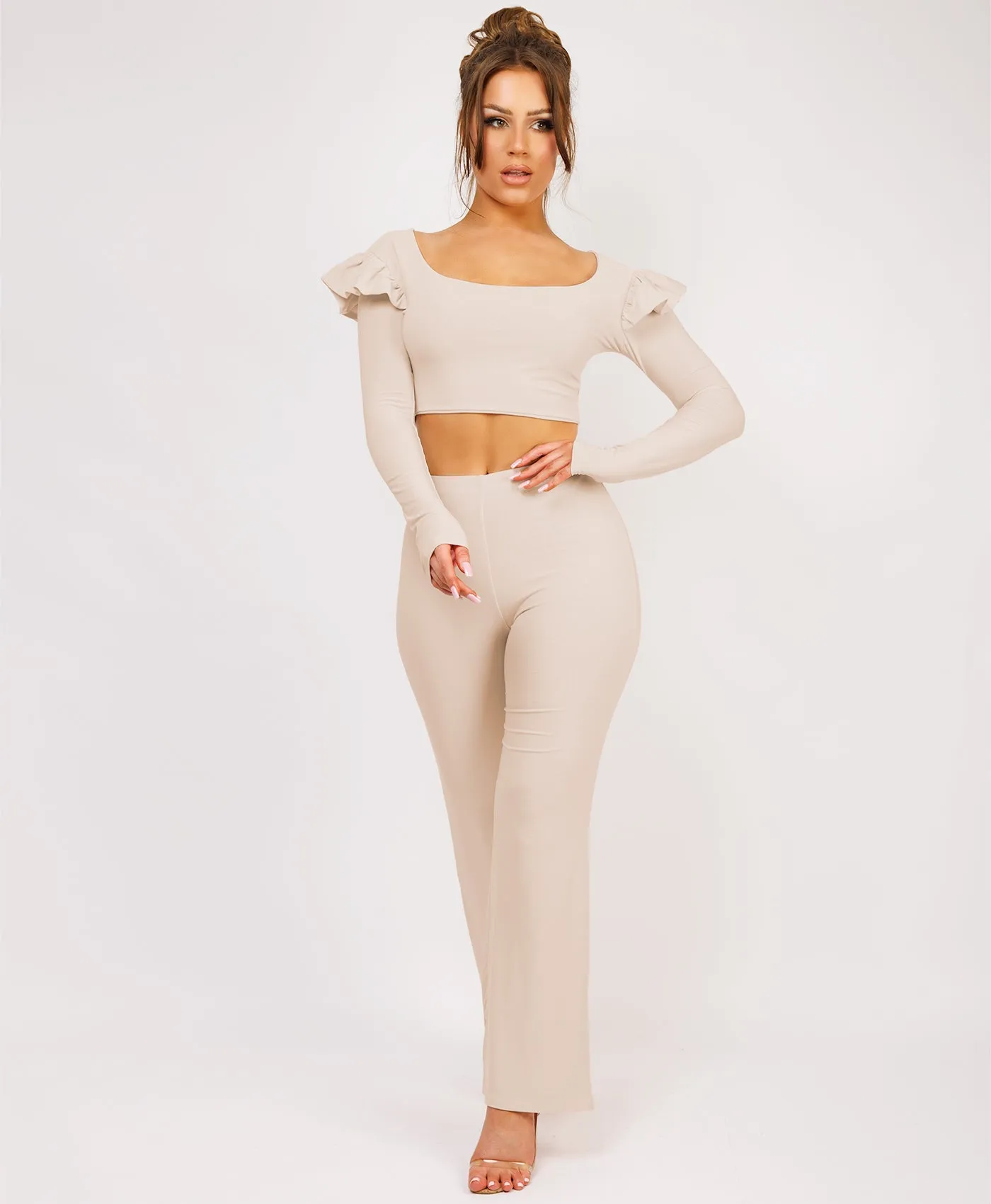 Beige Frill Shoulder Long Sleeve Slinky Top And Trousers Loungewear Set