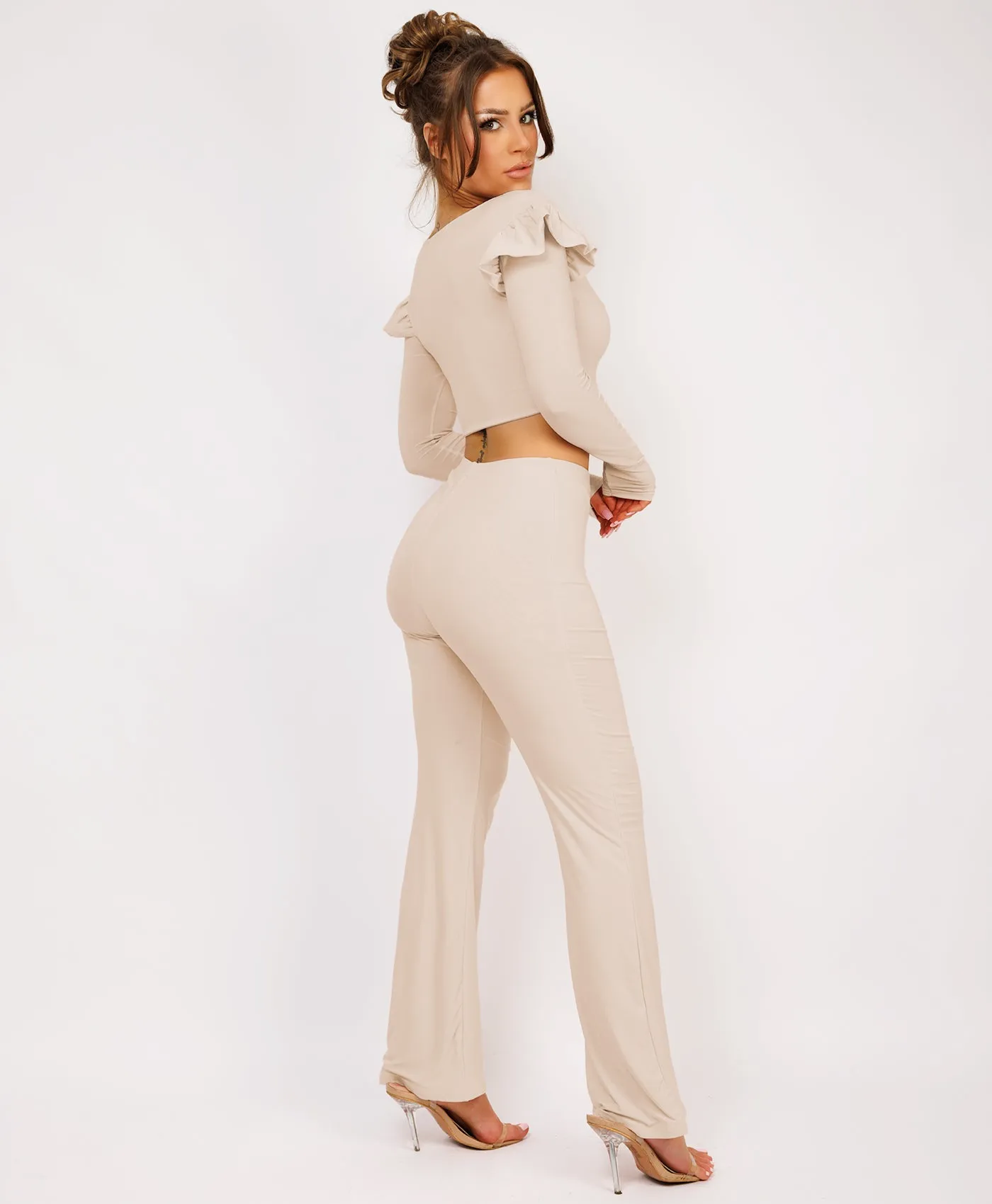 Beige Frill Shoulder Long Sleeve Slinky Top And Trousers Loungewear Set