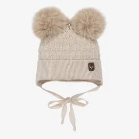 Beige Viscose Knit Baby Pom-Pom Hat