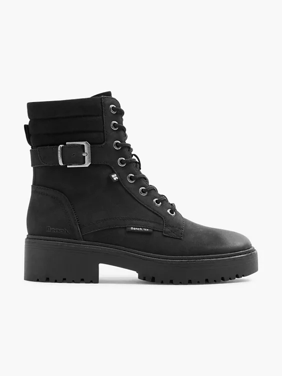 Bench Sustainable  Black Lace Up Biker Boot with Buckle Detailing