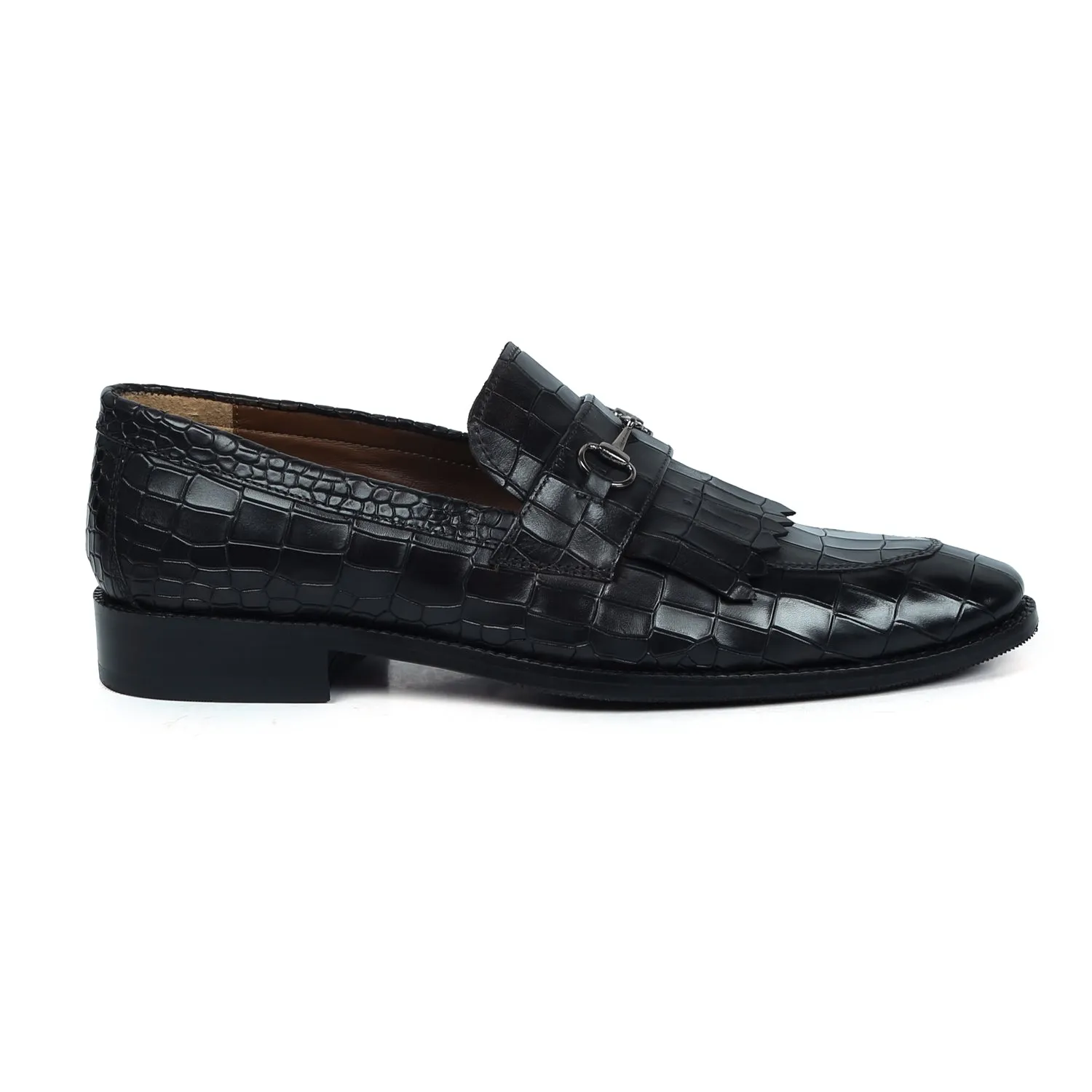 Black Slip-On Shoes in Deep Cut Leather with Fringes Horse-bit Buckled