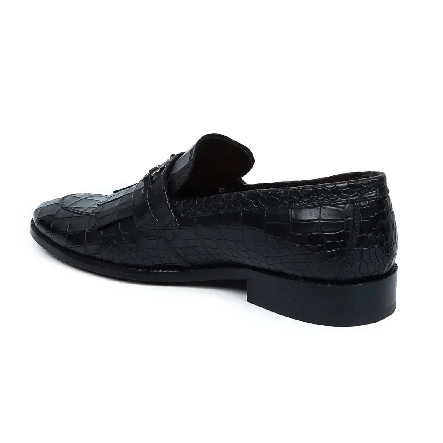 Black Slip-On Shoes in Deep Cut Leather with Fringes Horse-bit Buckled