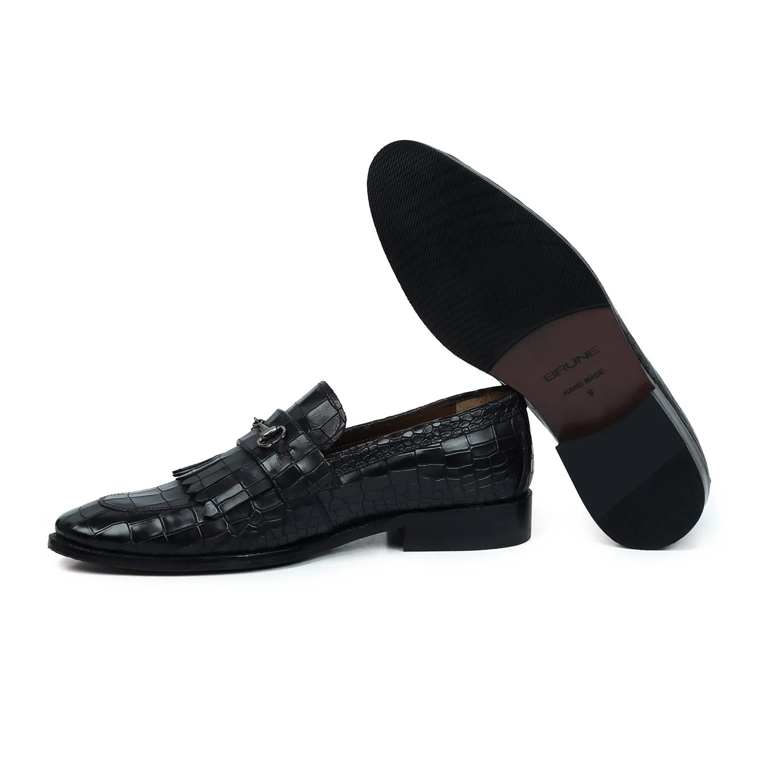 Black Slip-On Shoes in Deep Cut Leather with Fringes Horse-bit Buckled