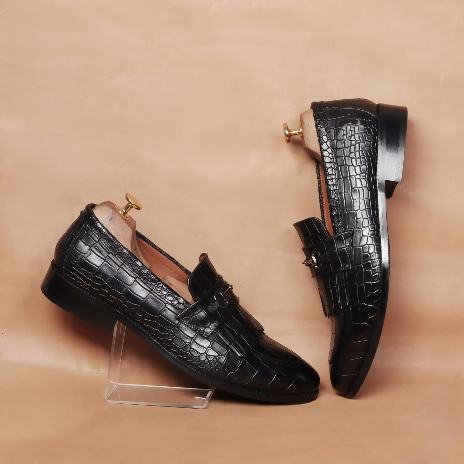 Black Slip-On Shoes in Deep Cut Leather with Fringes Horse-bit Buckled