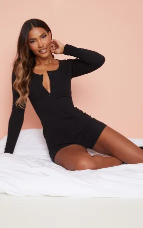 Black Soft Rib Long Sleeve Button Romper