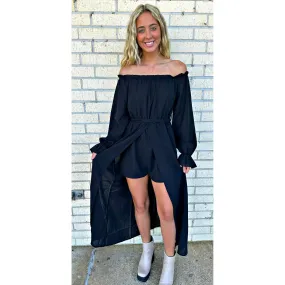 Black Sweet Off the Shoulder Tie Front Romper