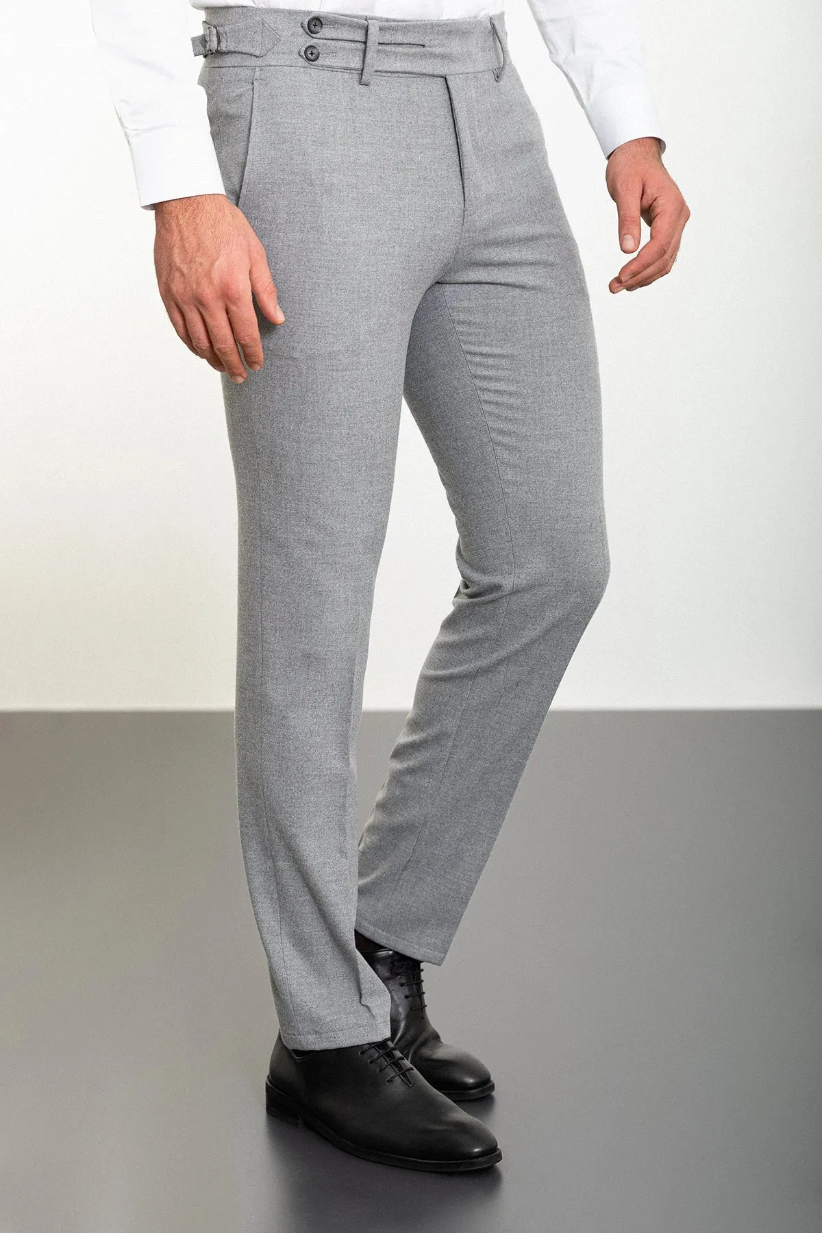 Bojoni Omaha Straight Slim Fit Belt Detailed Buckle Gray Trousers