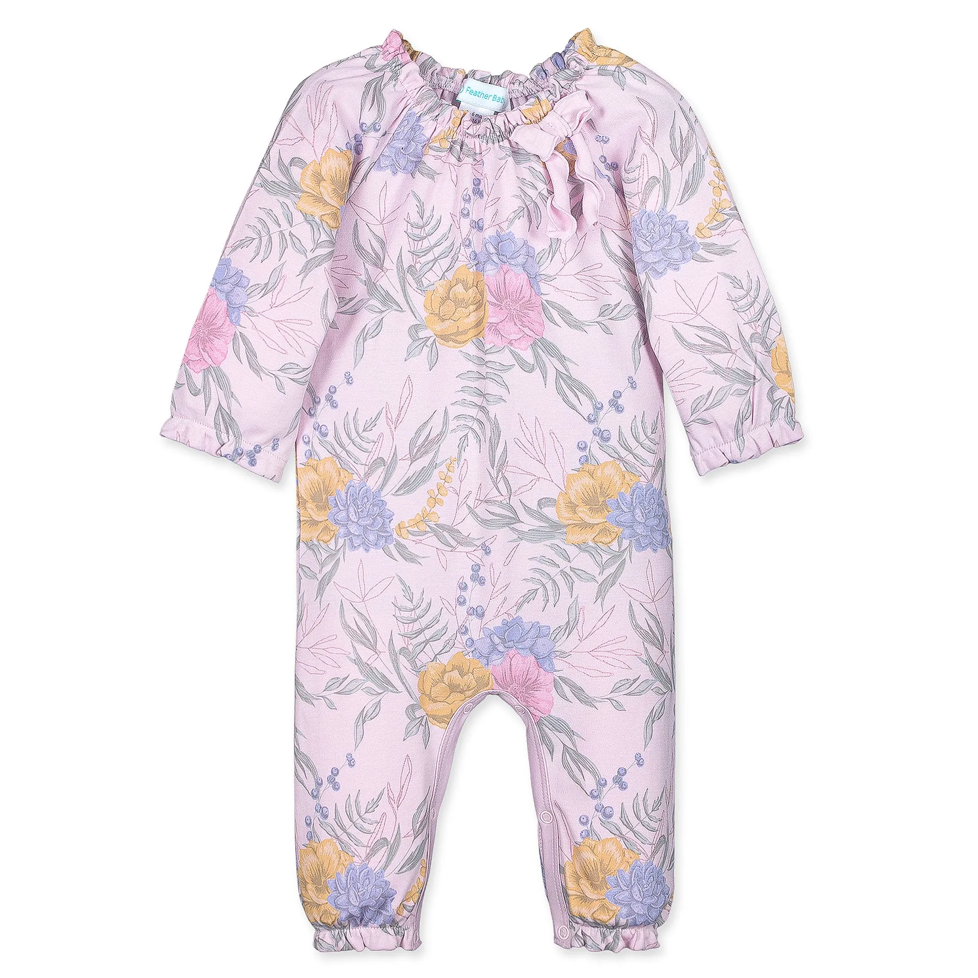 Bow Romper L/S - Zoey on Pink  100% Pima Cotton