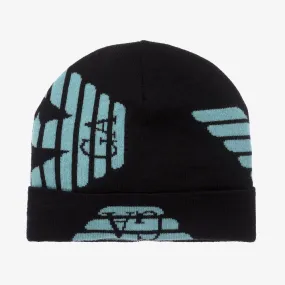 Boys Black Wool Knit Eagle Beanie Hat