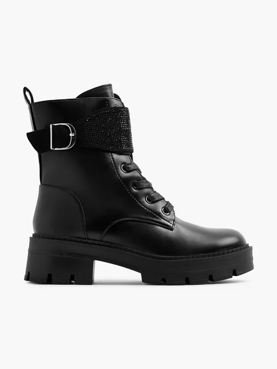 Catwalk  Black Lace Up Boot with Gem Strap