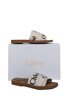 Chloe - White Woody Logo Ribbon Slide Sandals Sz 7