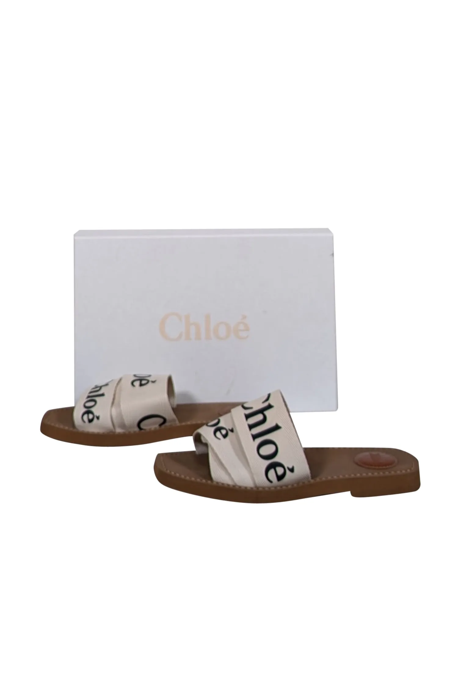 Chloe - White Woody Logo Ribbon Slide Sandals Sz 7