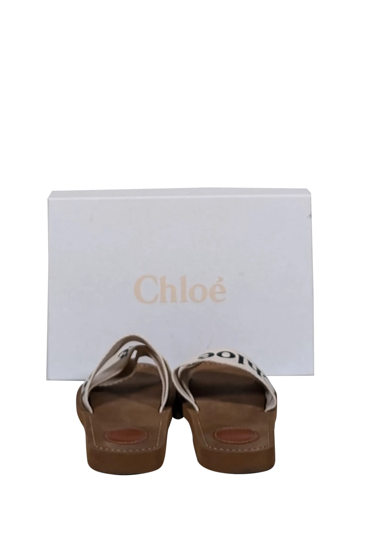 Chloe - White Woody Logo Ribbon Slide Sandals Sz 7