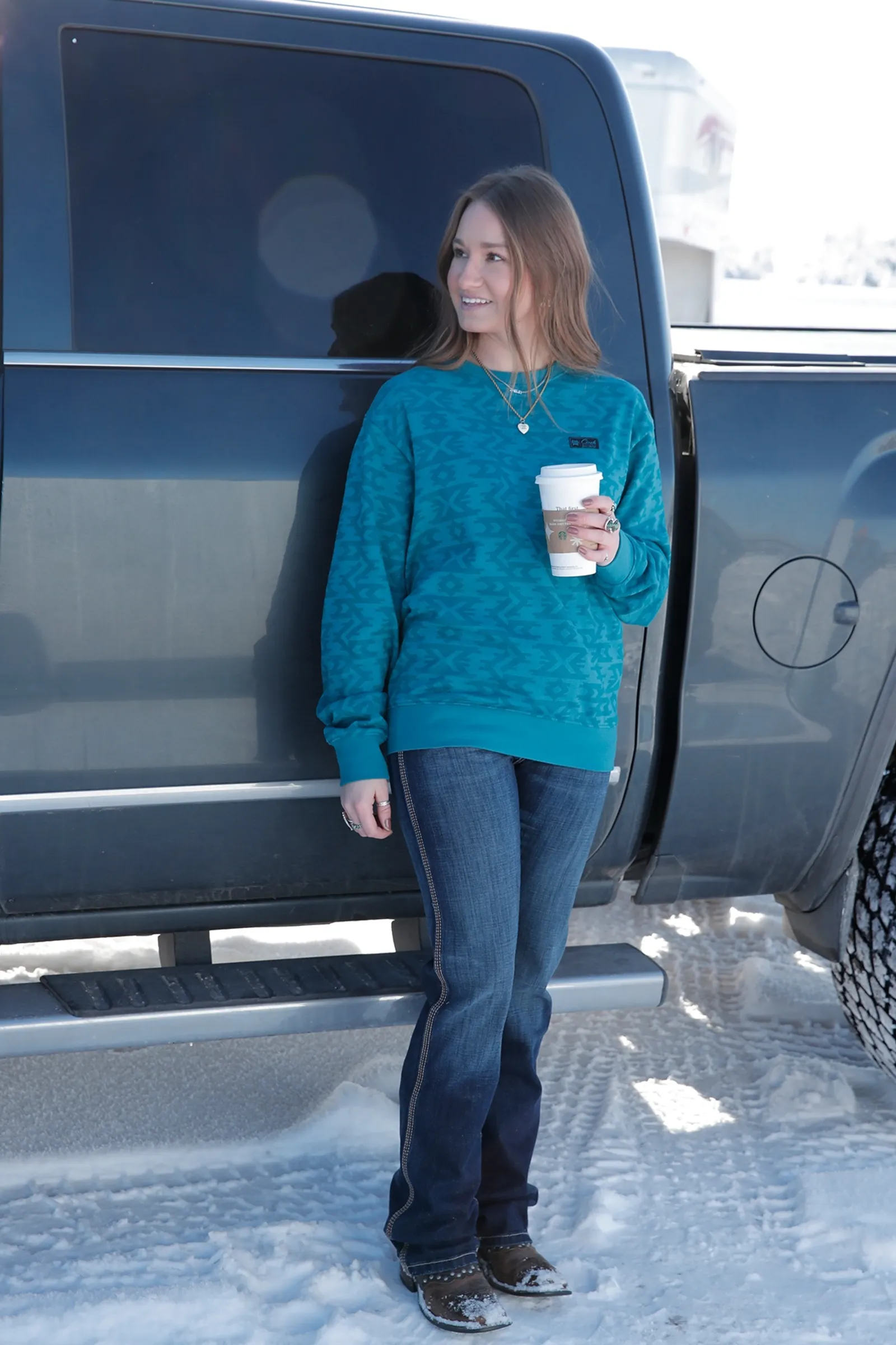 Cinch Ladies Teal Aztec Print Pullover