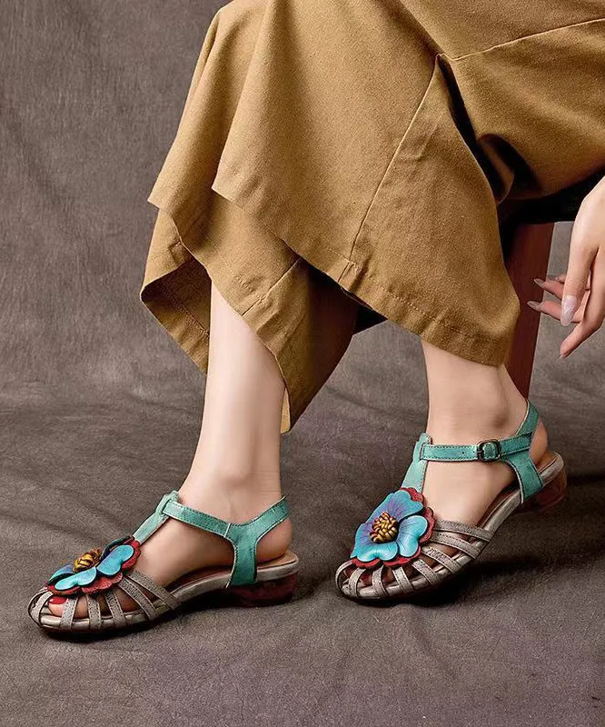 Comfy Splicing Wedge Sandals Grey Cowhide Leather Floral Hollow Out