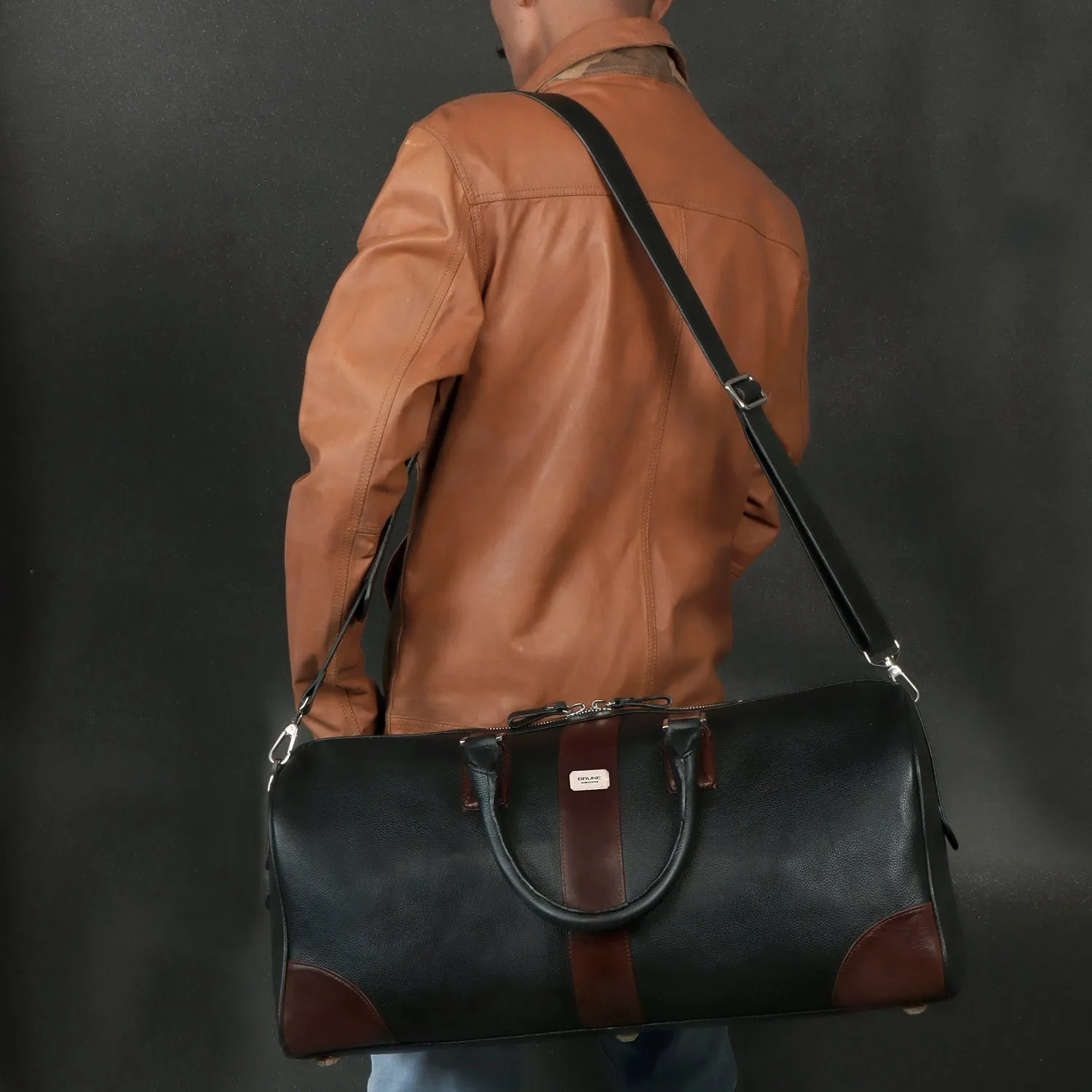 Contrasting Dark Brown Trims Black Textured Leather Duffle Bag With Removable Strap By Brune & Bareskin