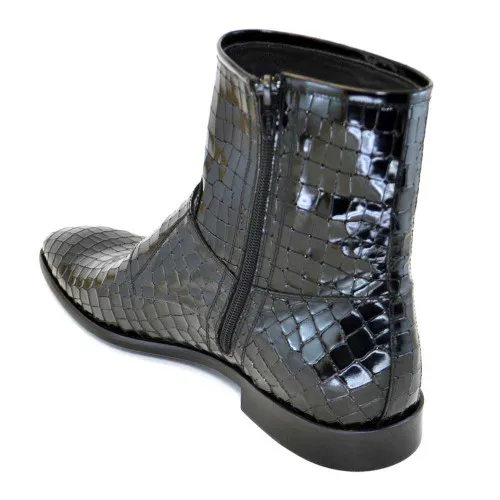 Corrente Black Leather Crocodile Print Men’s Double Buckle Zipper Boot