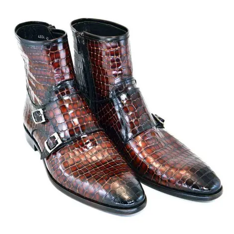 Corrente Brown Leather Crocodile Print Men’s Double Buckle Zipper Boot