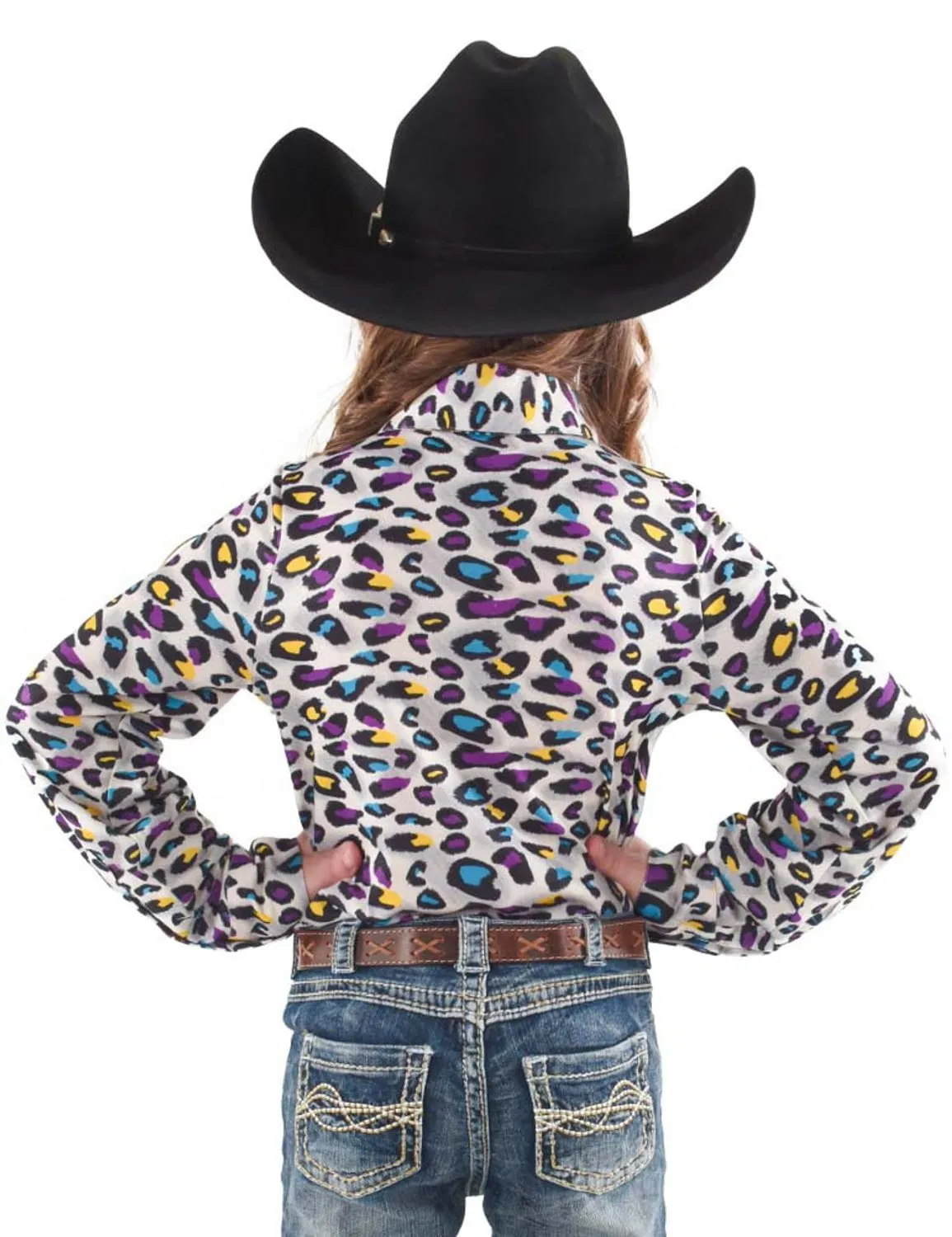 Cowgirl Tuff Kids Girls Pullover Leopard Yellow/Turquoise Polyester L/S Shirt