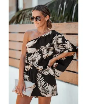 Cupshe Black Tropical Leaf Print One-Shoulder Romper