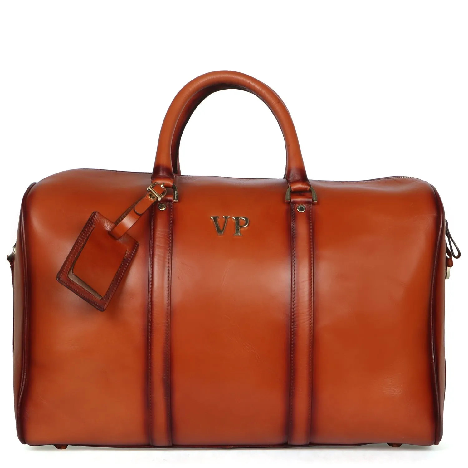 Customized 'VP' Metal Initial Handmade Tan Leather Duffle Bag With Bag Tag By Brune & Bareskin