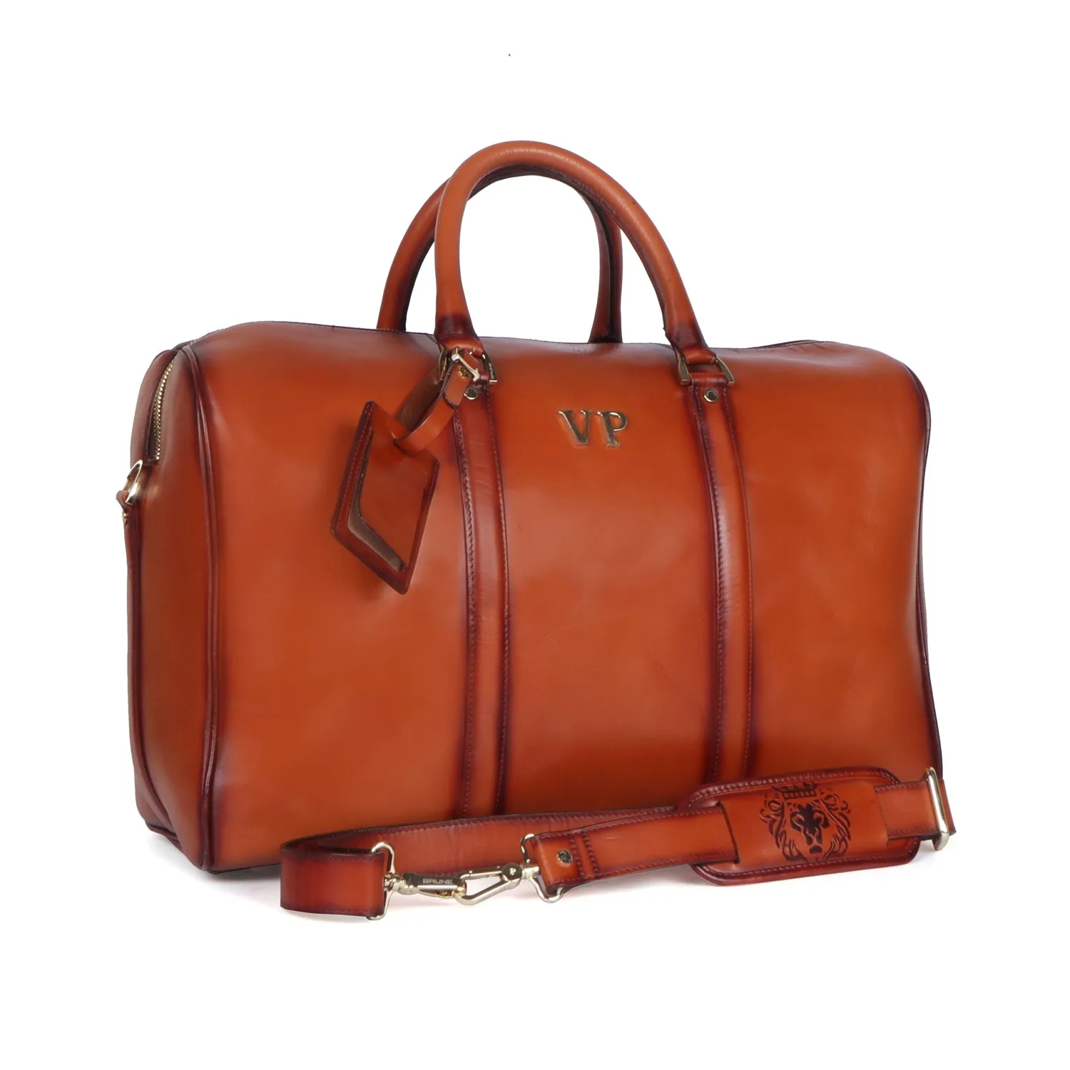 Customized 'VP' Metal Initial Handmade Tan Leather Duffle Bag With Bag Tag By Brune & Bareskin