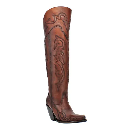 Dan Post Chestnut Seductress Leather Embroidery 20” Snip Toe Womens Boot