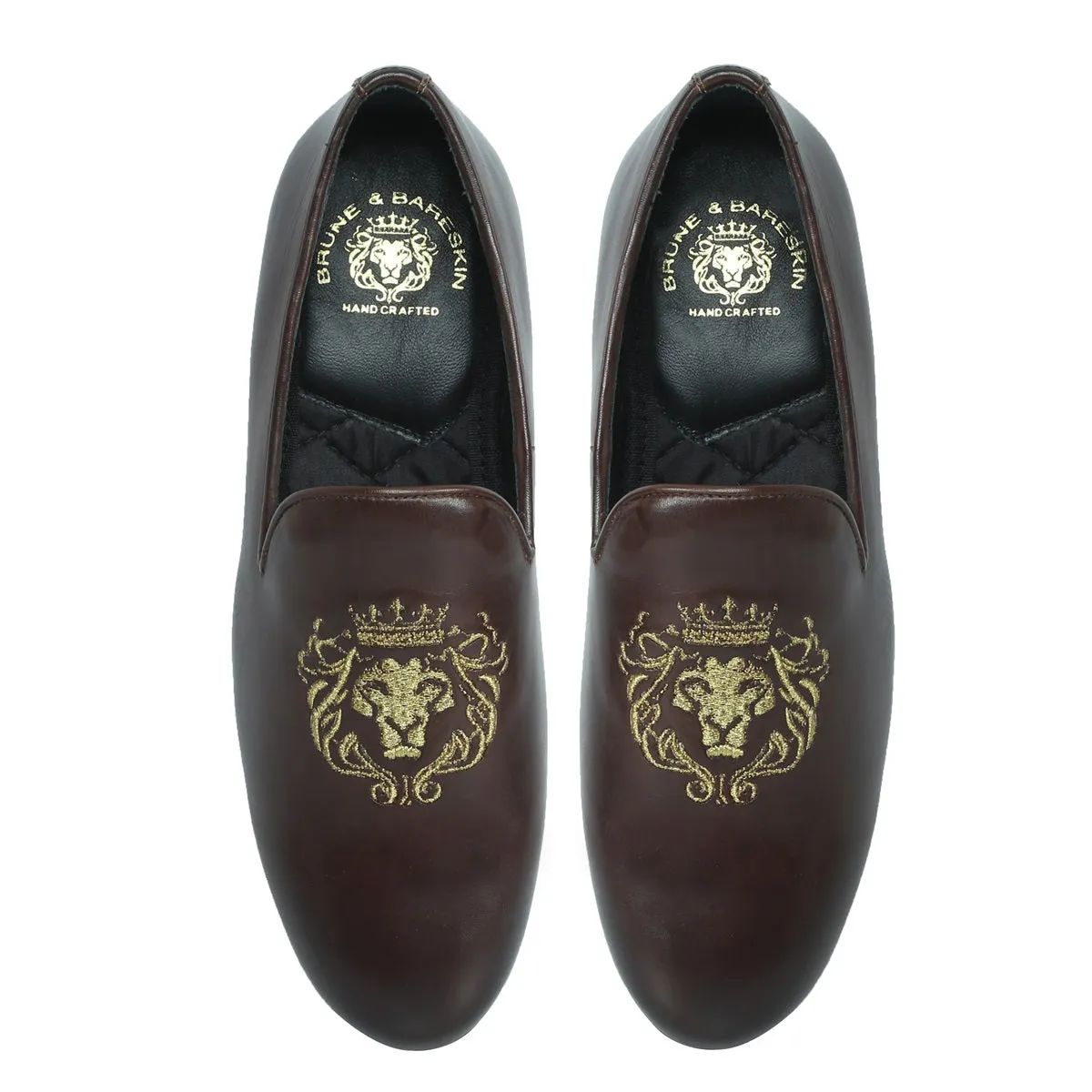 Dark Brown Leather Slip-On Shoes with Golden Lion King Embroidery By Brune & Bareskin