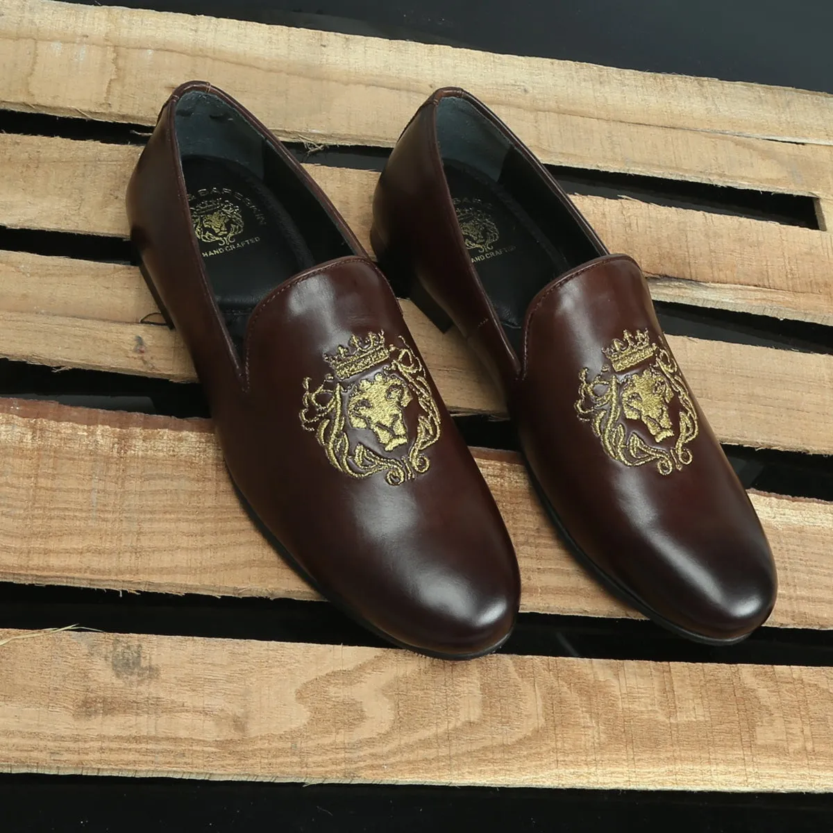 Dark Brown Leather Slip-On Shoes with Golden Lion King Embroidery By Brune & Bareskin