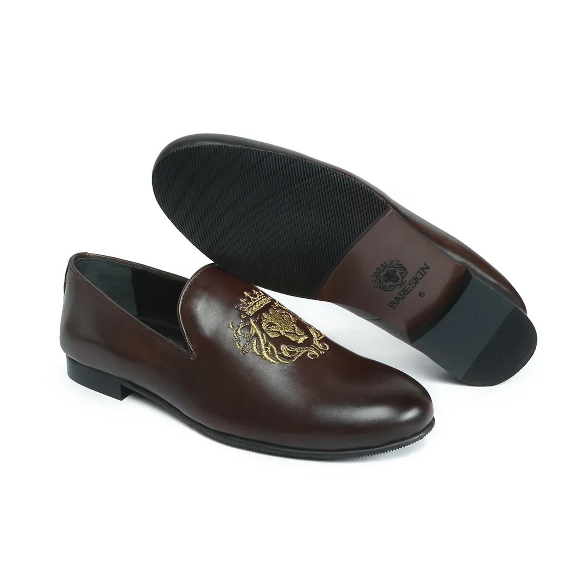 Dark Brown Leather Slip-On Shoes with Golden Lion King Embroidery By Brune & Bareskin