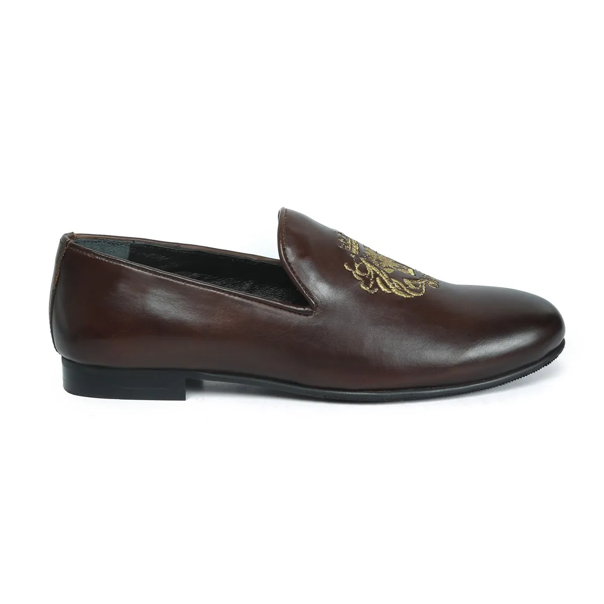 Dark Brown Leather Slip-On Shoes with Golden Lion King Embroidery By Brune & Bareskin