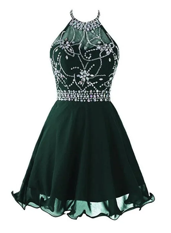 Dark Green Beaded Short Homecoming Dress , Beaded Party Dress, Halter Short Prom Dress