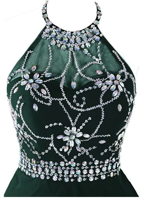 Dark Green Beaded Short Homecoming Dress , Beaded Party Dress, Halter Short Prom Dress