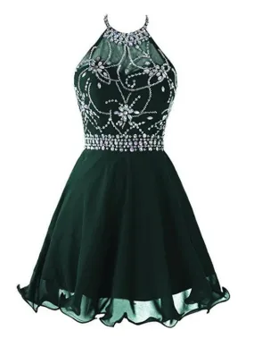 Dark Green Beaded Short Homecoming Dress , Beaded Party Dress, Halter Short Prom Dress