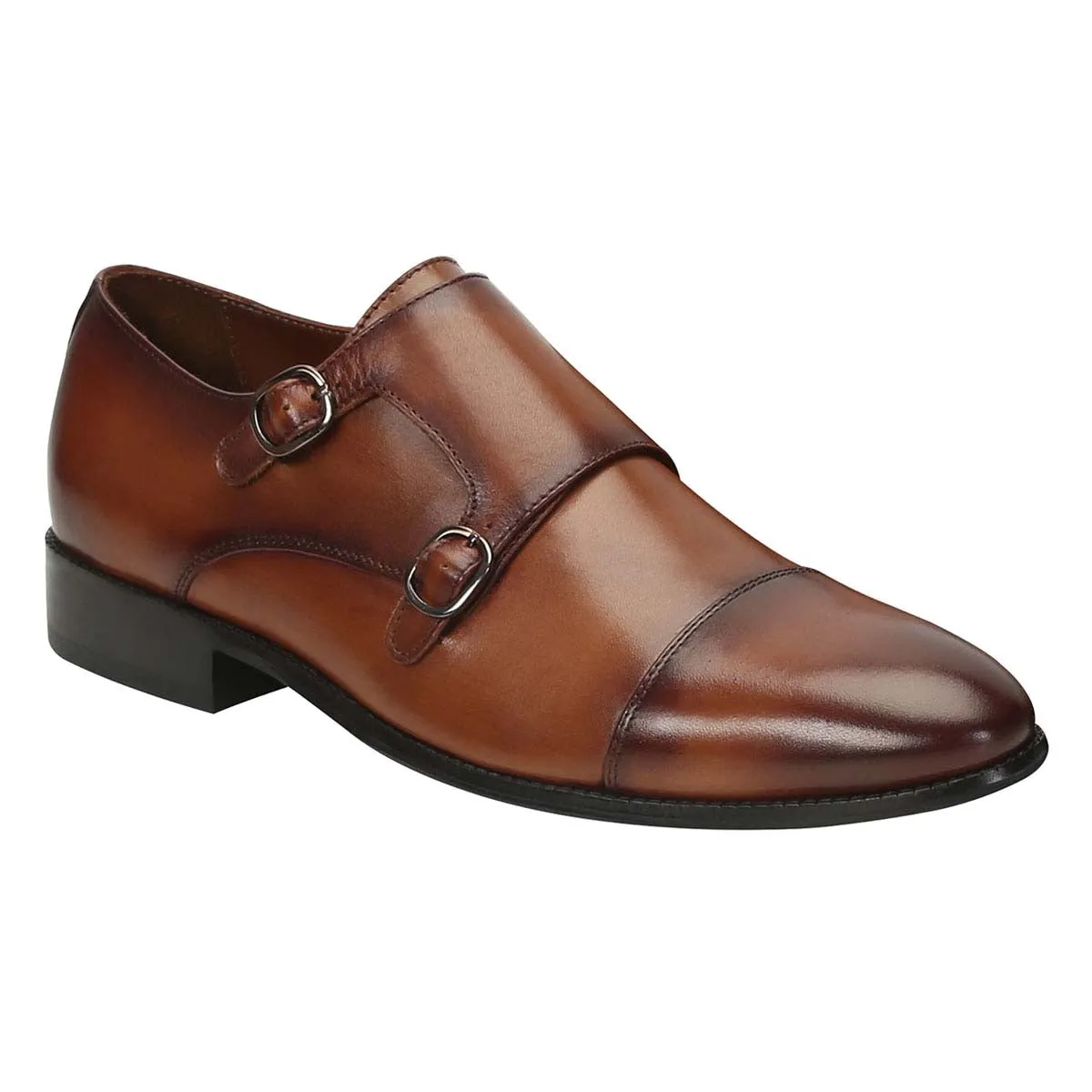 Dark Tan Leather Rounded Cap Toe Double Monk Strap Formal Shoes By Brune & Bareskin