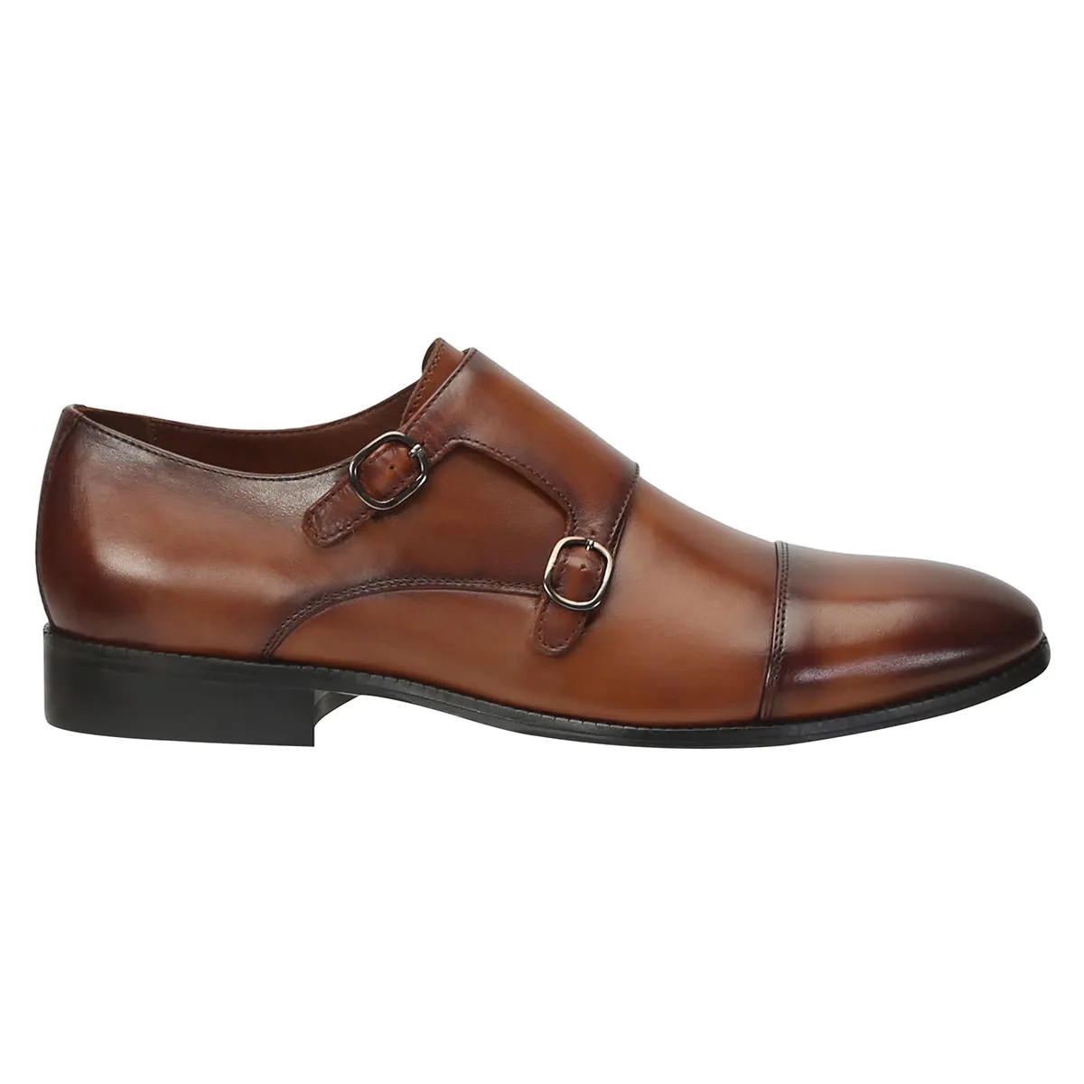 Dark Tan Leather Rounded Cap Toe Double Monk Strap Formal Shoes By Brune & Bareskin