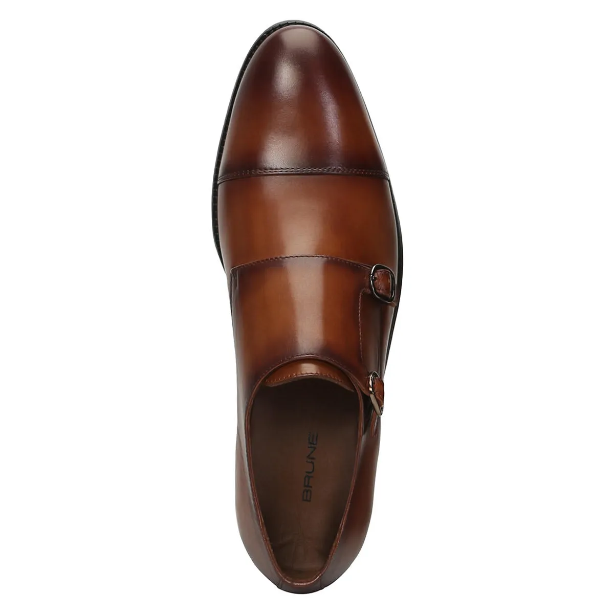 Dark Tan Leather Rounded Cap Toe Double Monk Strap Formal Shoes By Brune & Bareskin