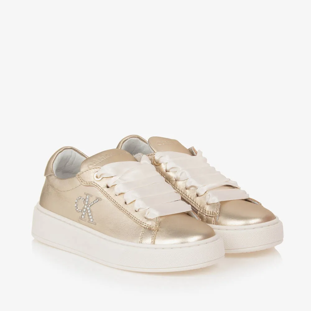 Girls Metallic Gold Leather Trainers