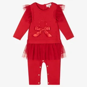 Girls Red Cotton & Tulle Romper