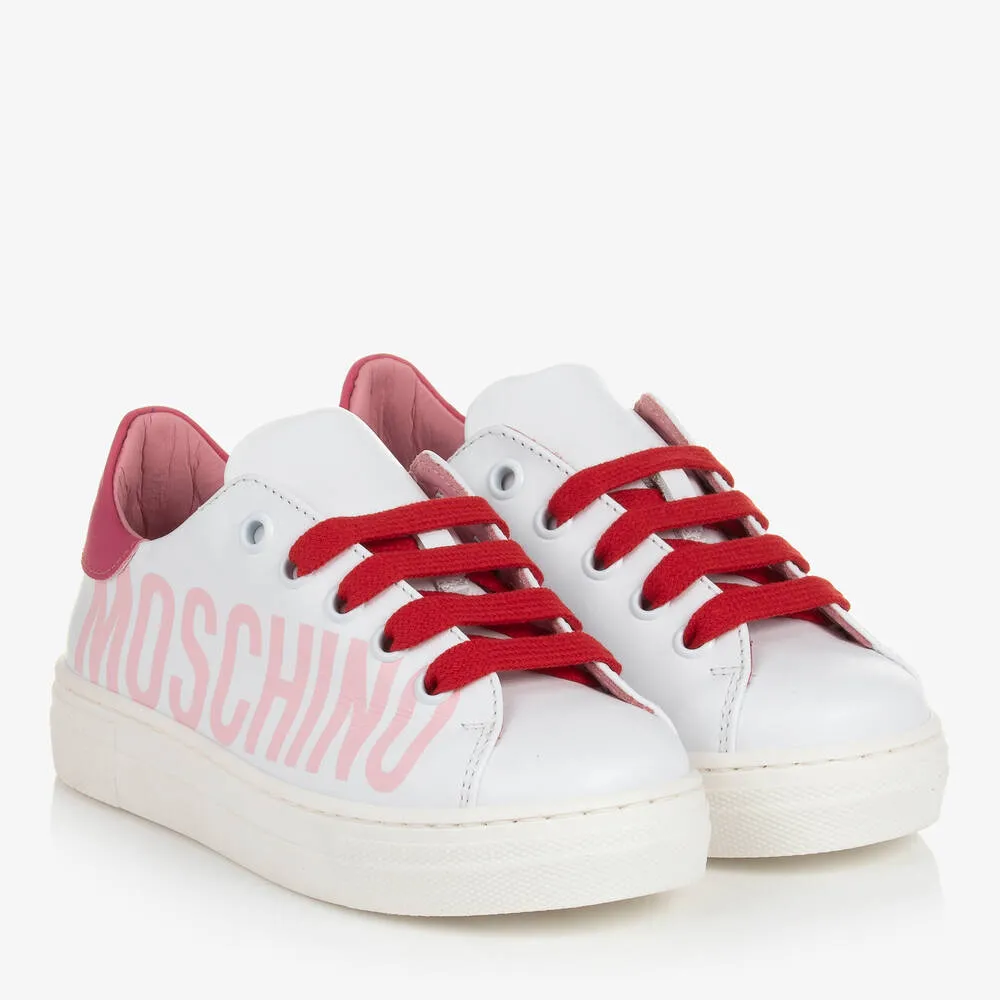 Girls White & Pink Leather Trainers