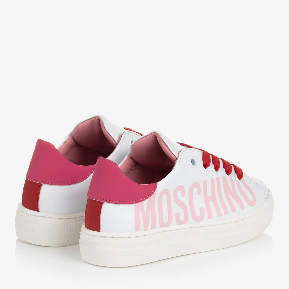 Girls White & Pink Leather Trainers