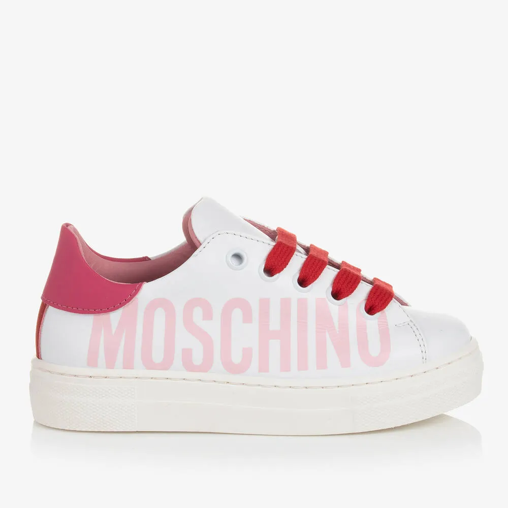 Girls White & Pink Leather Trainers