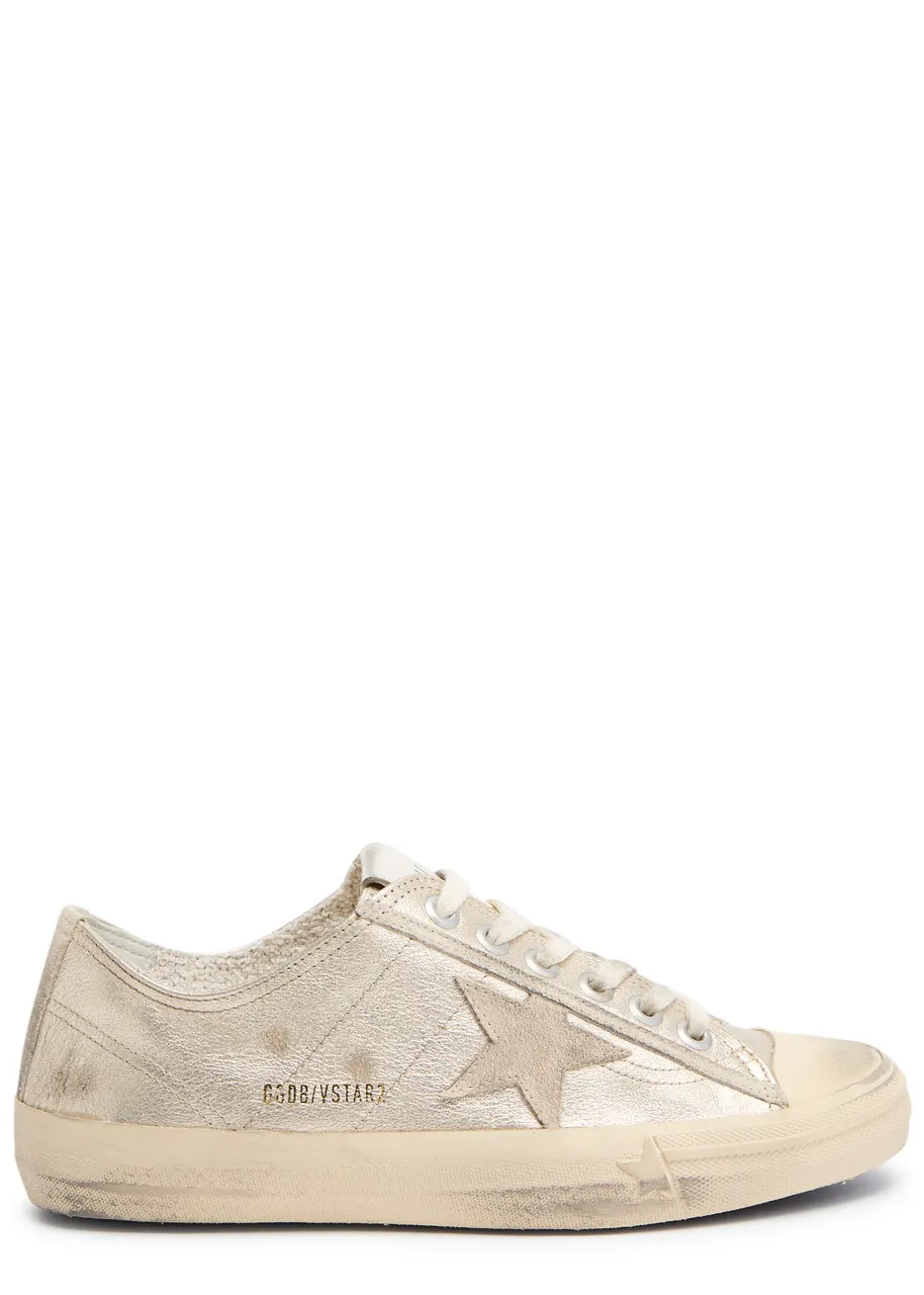 GOLDEN GOOSE V-Star distressed metallic leather sneakers  -                         -                     -                