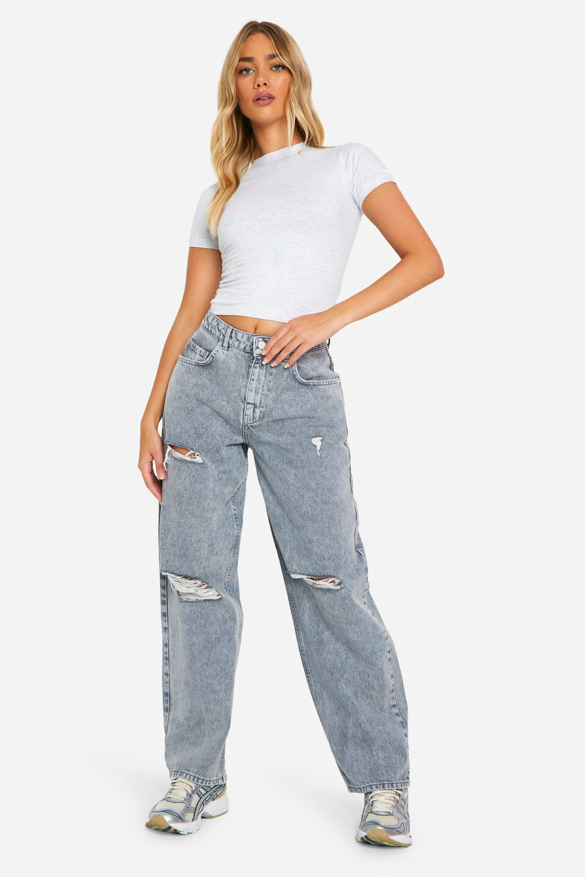 Grey Wash Rip Detail Boyfriend Jeans