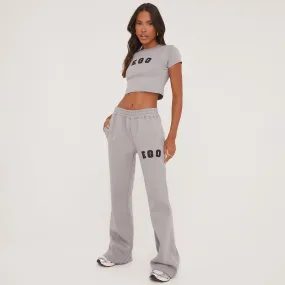 High Waist Ego Graphic Slogan Wide Leg Slouchy Joggers In Grey